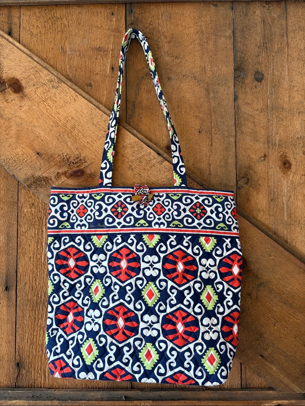 Vera Bradley Navy Quilted Tote Red Lime Geometric Print Shoulder Bag
